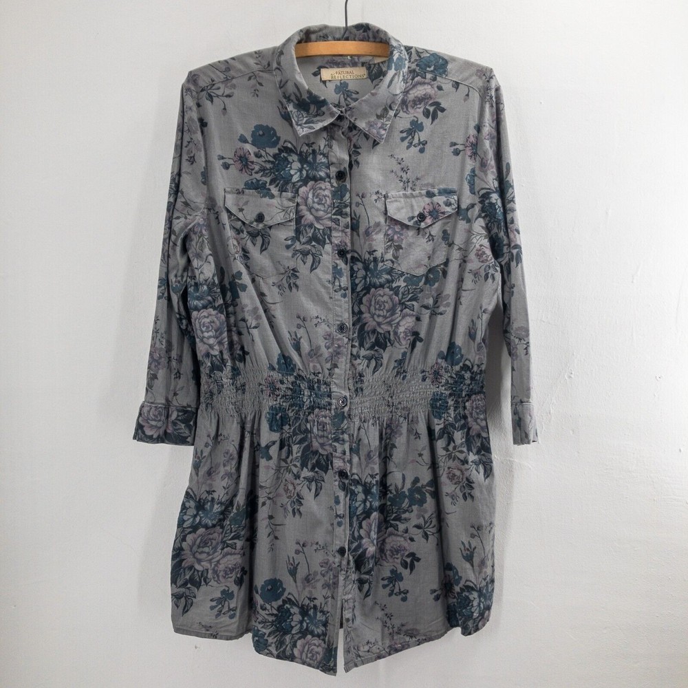 Natural Reflections Womens Floral Collared Shirt Size L Gray 100% Cotton